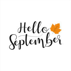 Hello September with autumn leaf vector illustration on white background, autumn lettering for greeting card, banner, poster, label and post card