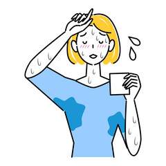 とても汗をかきやすい体質で困っている可愛い女性 大量の止まらない汗 イラスト シンプル ベクター