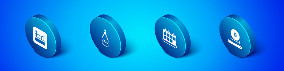 Set Isometric Graph, schedule, chart, diagram, Calendar, Diameter and Drawing compass icon. Vector