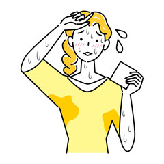 とても汗をかきやすい体質で困っている可愛い女性 大量の止まらない汗 イラスト シンプル ベクター