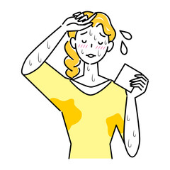 とても汗をかきやすい体質で困っている可愛い女性 大量の止まらない汗 イラスト シンプル ベクター