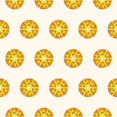 Simple seamless pattern of full pizza with flat cartoon style illustration background template vector