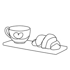 An illustration for a coffee shop. Coffee and a croissant  on the board. One line art