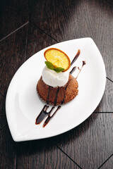 delicious fondant with hot chocolate and ice cream