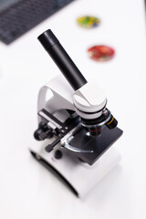 Biochemistry medical microscope ready for biological dna sample clinical investigation in pharmaceutical hospital laboratory. Microbiology virus healthcare treatment experiment