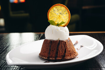 delicious fondant with hot chocolate and ice cream
