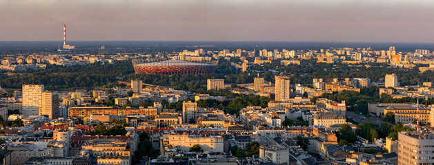 Warsaw City Panorama At Sunset In Poland