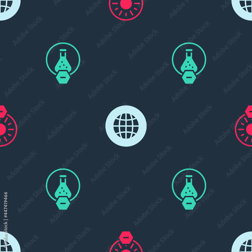 Poster set no direct sunlight, social network and test tube and flask on seamless pattern. vector
