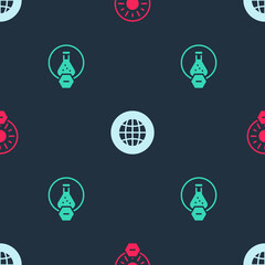 Set No direct sunlight, Social network and Test tube and flask on seamless pattern. Vector