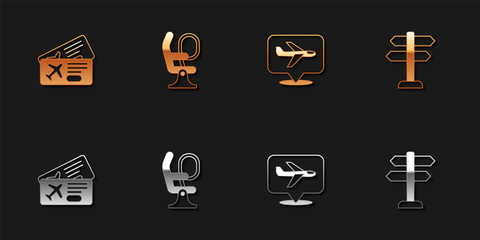 Set Airline ticket, Airplane seat, Plane and Road traffic sign icon. Vector