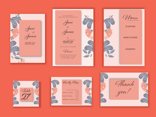 Wedding Invitation Suite Template Layout On Orange Background.