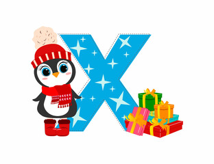 Cute Cartoon christmas penguin with letter X. Perfect for greeting cards, party invitations, posters, stickers, pin, scrapbooking, icons.