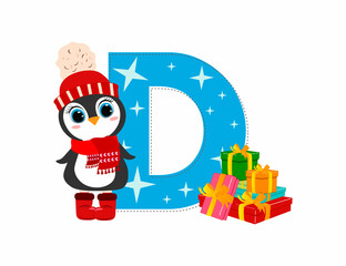 Cute Cartoon christmas penguin with letter D. Perfect for greeting cards, party invitations, posters, stickers, pin, scrapbooking, icons.