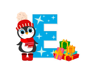 Cute Cartoon christmas penguin with letter E. Perfect for greeting cards, party invitations, posters, stickers, pin, scrapbooking, icons.