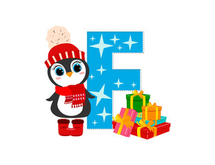 Cute Cartoon christmas penguin with letter F. Perfect for greeting cards, party invitations, posters, stickers, pin, scrapbooking, icons.
