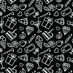 Seamless pattern, hand-drawn items in white on the theme of birthday on a black background