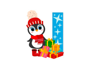 Cute Cartoon christmas penguin with letter I. Perfect for greeting cards, party invitations, posters, stickers, pin, scrapbooking, icons.