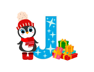 Cute Cartoon christmas penguin with letter J. Perfect for greeting cards, party invitations, posters, stickers, pin, scrapbooking, icons.
