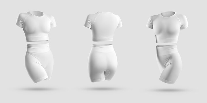 Mockup crop top, rashguard, t-shirt, high shorts, bicycles, compression underwear 3D rendering isolated on background.