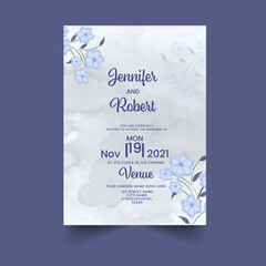 Floral Wedding Invitation Card With Watercolor Effect In Gray And Blue Color.