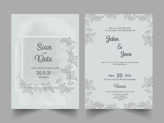 Elegant Wedding Invitation Card With Save The Date Template Layout In Gray Color.