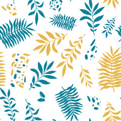 Fototapeta na wymiar Vector seamless pattern with tropical twigs, abstract elements, creative design for background, wallpaper, cover, clothes in blue, yellow.