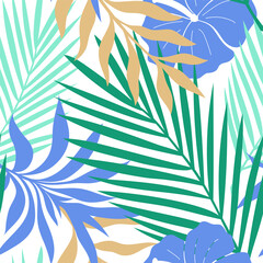 Seamless pattern with presentation of jungle, tropical twigs, exotic leaves for wallpapers, backgrounds, clothes, covers.