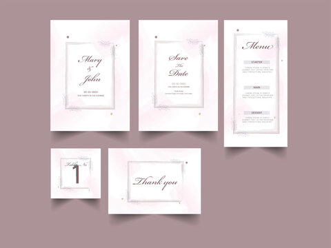 Wedding Invitation Suite Template Layout In White And Pink Color.