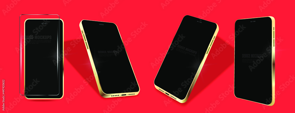 Poster presentation of new golden smartphone with blank screen on red background. mockup telephon from diff
