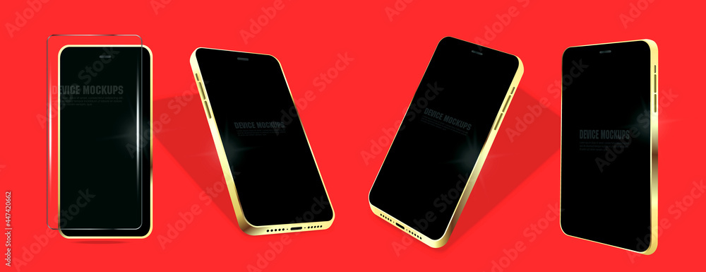 Poster presentation of new golden smartphone with blank screen on red background. mockup telephon from diff