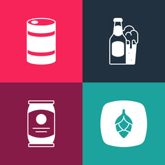 Set pop art Hop, Beer can, bottle and glass and Metal beer keg icon. Vector