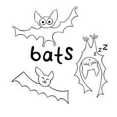 Cute bats drawn in cartoon doodle style. Vector outline illustration isolated on white background. For coloring book page, halloween design, greeting card