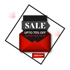 Sale Poster Design With 70% Discount Offer And Open Envelope On White Background.