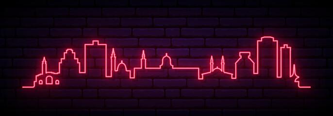 Red neon skyline of Damascus. Bright Damascus City long banner. Vector illustration.