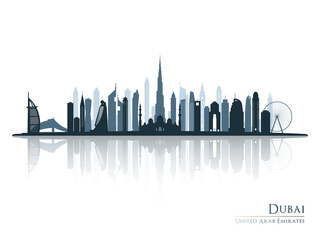 Dubai skyline silhouette with reflection. Landscape Dubai, UAE. Vector illustration.