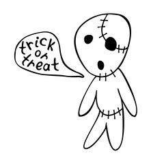 Vector cute zombie in cartoon style. Treat or trick - lettering in speech bubble. Outline doodle illustration isolated on white background. For coloring book, halloween design, greeting card