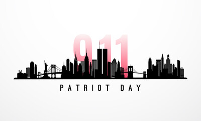 Obraz premium Vector banner New York skyline and 911 number for Patriot Day. Concept of Remembrance of the World Trade Center terrorist attack.