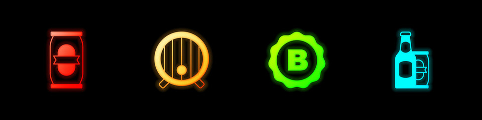 Set Beer can, Wooden barrel, Bottle cap with beer and bottle and icon. Vector