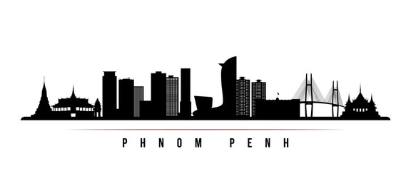 Phnom Penh skyline horizontal banner. Black and white silhouette of Phnom Penh, Cambodia. Vector template for your design.