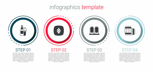 Set Beer bottle and glass, Hop, brewing process and Wooden barrel. Business infographic template. Vector