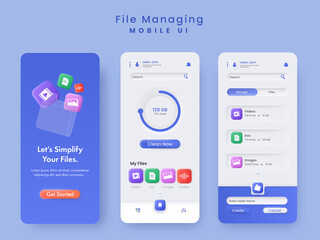 File Managing Mobile Ui Splash Screens Template Layout In Blue And White Color.