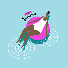 Illustration of woman floating  on the pink rubber ring.