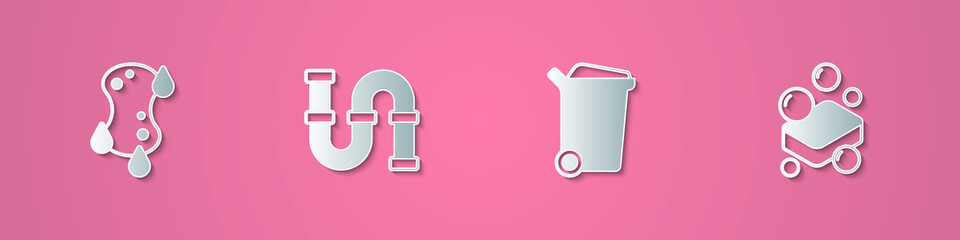 Set paper cut Sponge, Industry metallic pipe, Trash can and Bar of soap icon. Paper art style. Vector