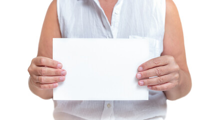 Hands holding piece of paper isolated