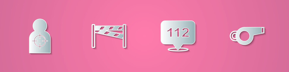Set paper cut Human target sport for shooting, Crime scene, Telephone call 112 and Whistle icon. Paper art style. Vector