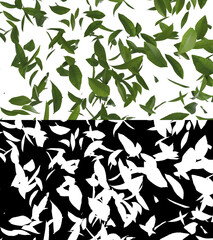 3D illustration of green tea leaves flow with alpha layer