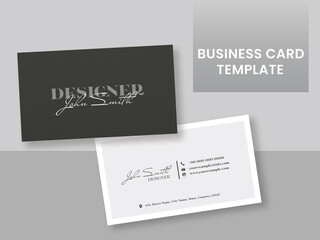 Front And Back Side Of Business Card Template Layout In Black And White Color.