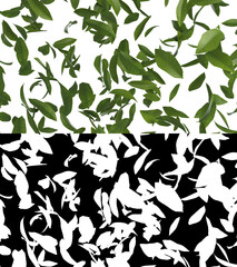 3D illustration of green tea leaves flow with alpha layer