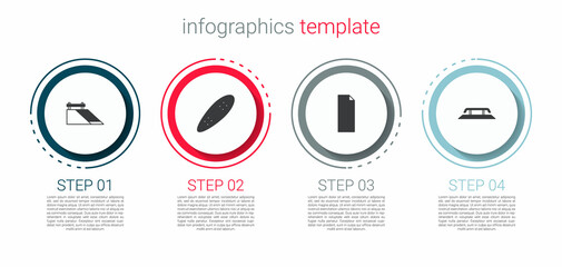 Set Skate park, Longboard or skateboard, Grip tape and Skateboard stairs with rail. Business infographic template. Vector