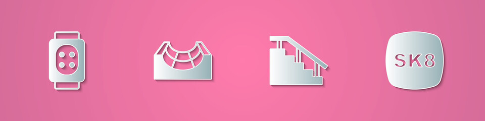 Set paper cut Knee pads, Skate park, Skateboard stairs with rail and icon. Paper art style. Vector